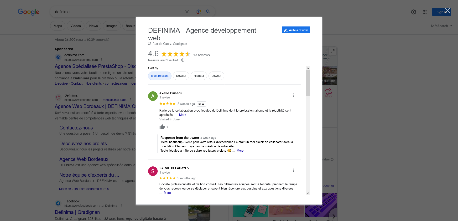 Avis client google fiche établissement gmb agence développement web bordeaux