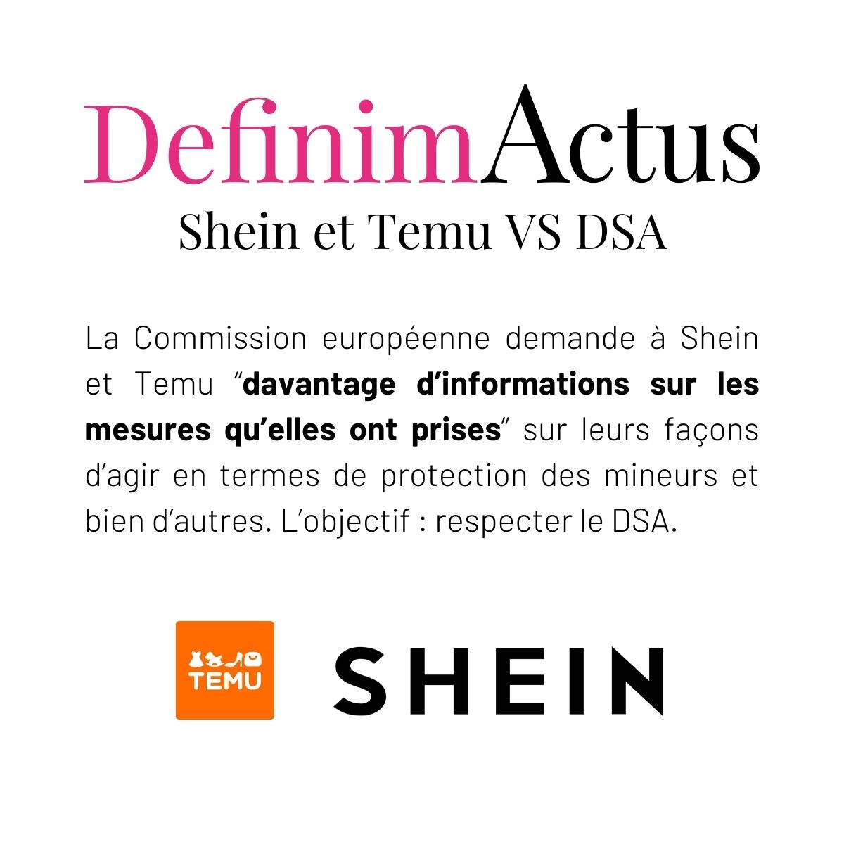 Shein Temu contrôle DSA Definima agence digitale développement web site e-commerce actualités digitales