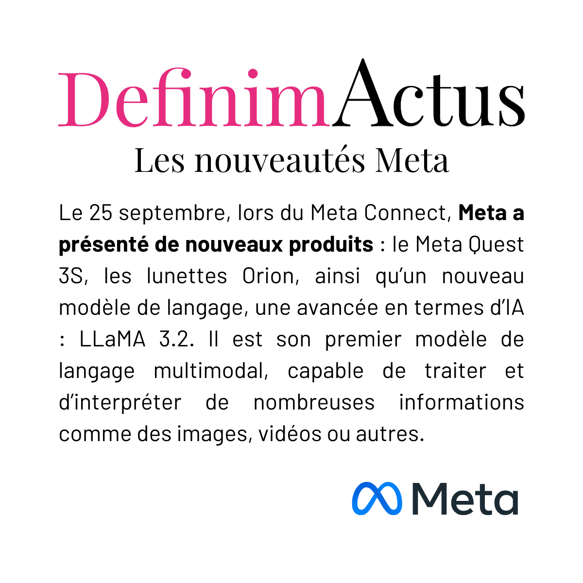 Meta connect conférence meta septembre 2024 Meta Quest 3S lunettes Orion langage LLaMa 3.2.