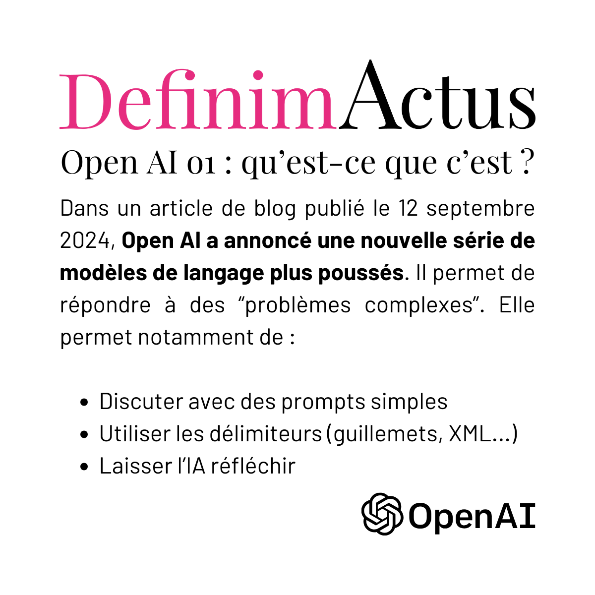 open ai 01 chatgpt intelligence artificielle nouveaux modèles de langage septembre 2024