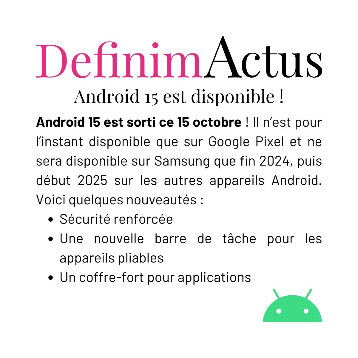 android 15 mise à jour sécurité coffre-fort vol détection messagerie satellite barre tâche
