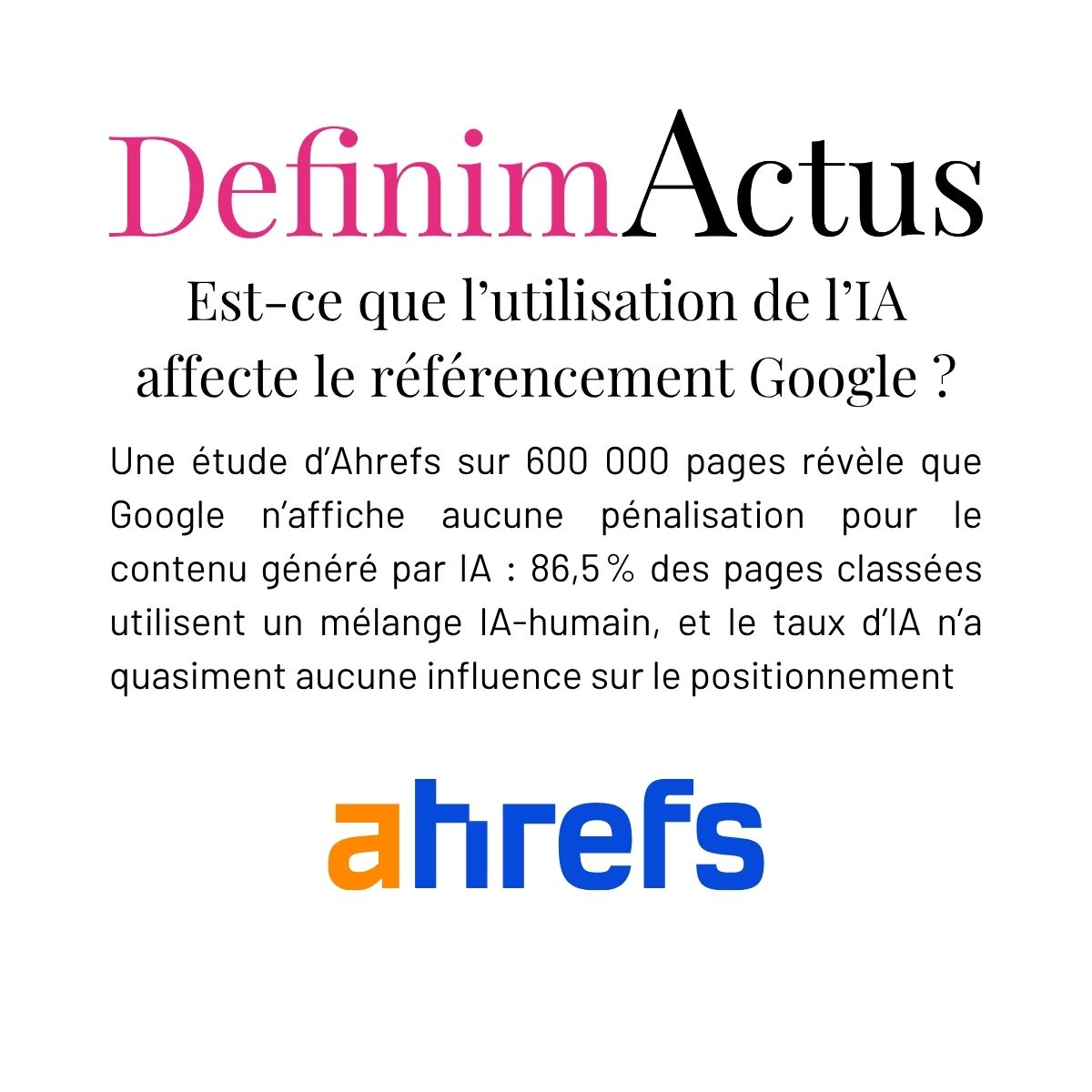 contenu généré IA Google référencement étude Ahrefs 600 000 pages corrélation nulle pénalisation