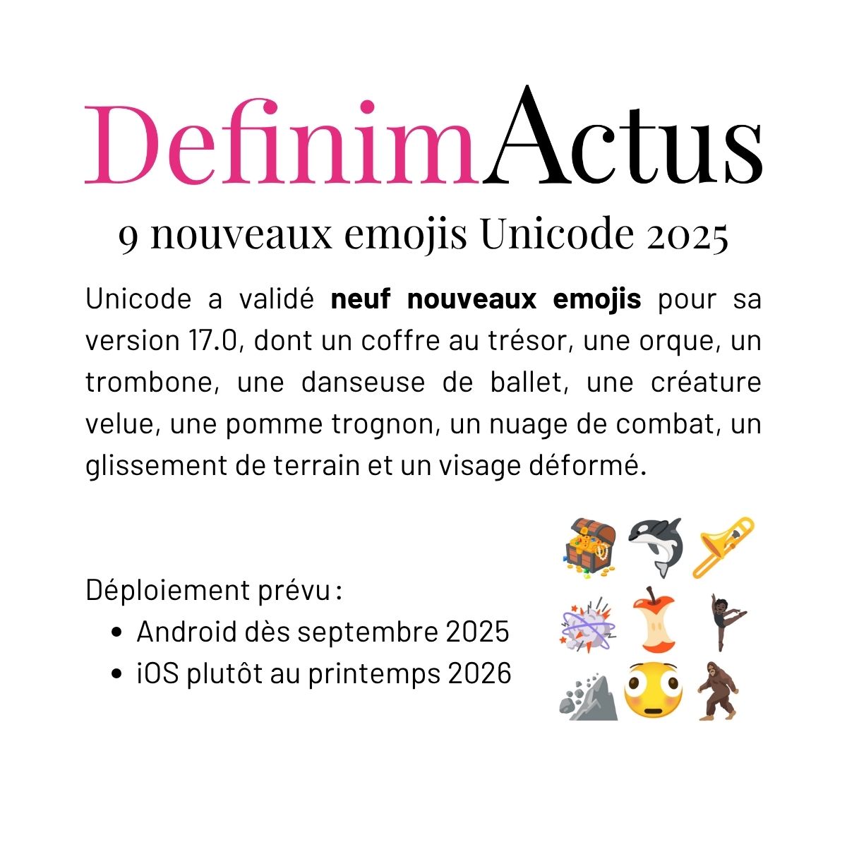emojis Unicode 17 0 coffre trésor orque trombone nuage combat trognon mal trottant visage déformé créature velue