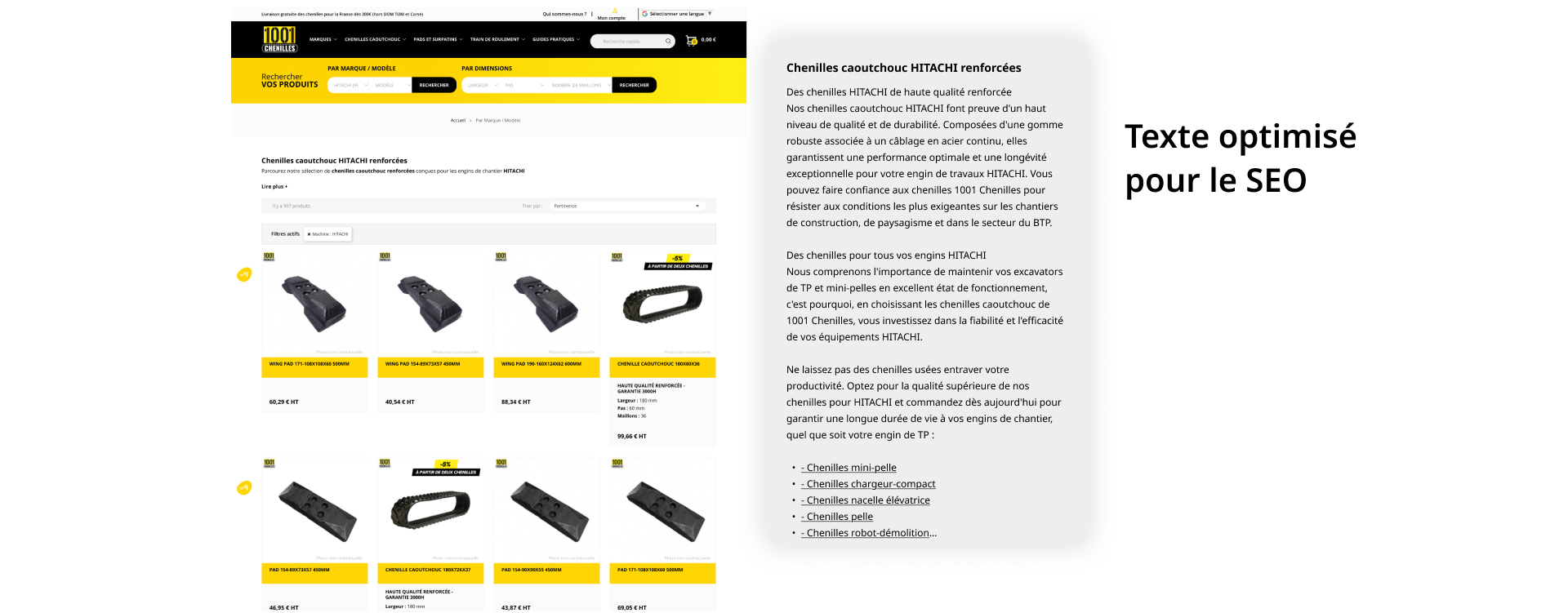 moteur recherche avancé site ecommerce chenilles modèles marques dimensions compatibilités techniques