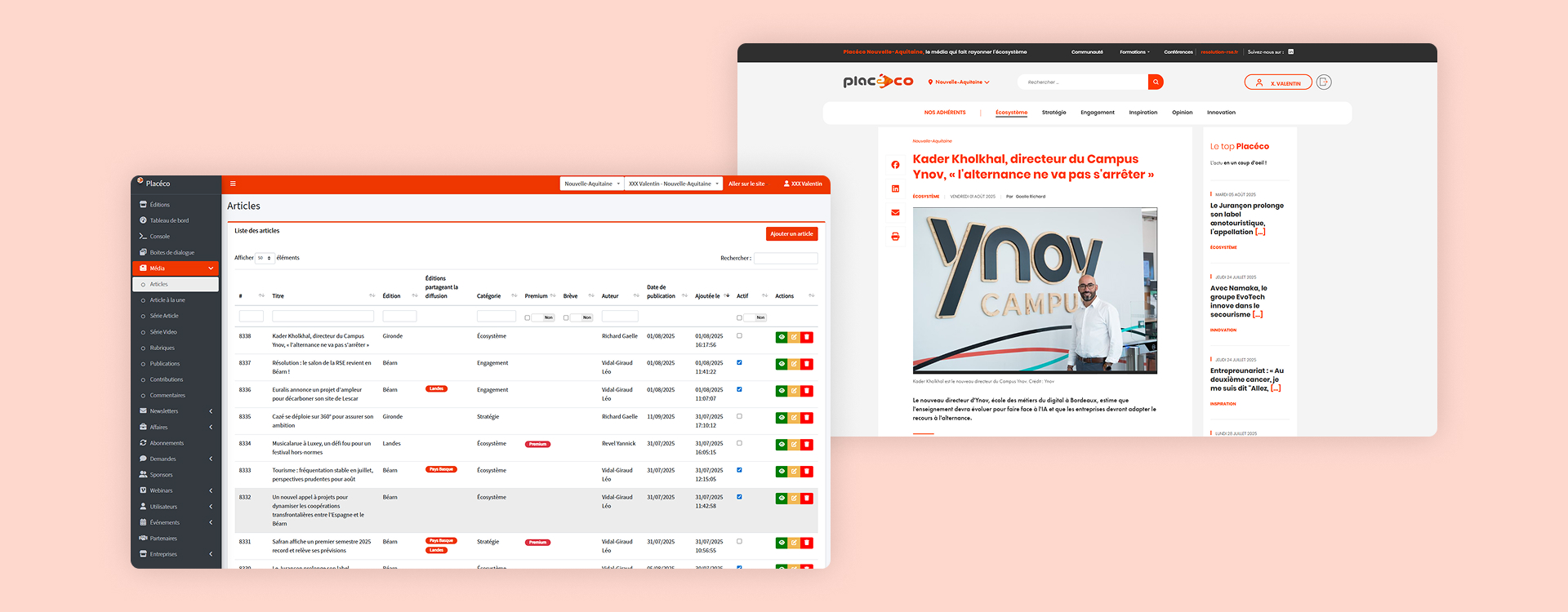 Développement sur mesure Placéco CMS personnalisé gestion contenus adhésions pub événements newsletters intégrées Développement sur mesure Placéco CMS personnalisé gestion contenus adhésions pub événements newsletters intégrées