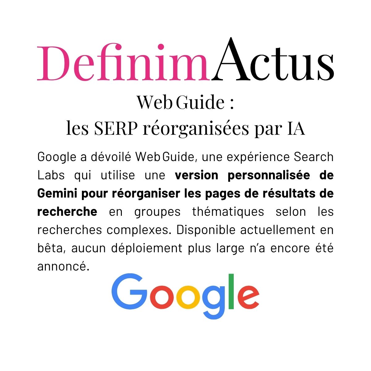 Web Guide Google IA Gemini SERP réorganisation thématiques Search Labs navigation avancée complexes