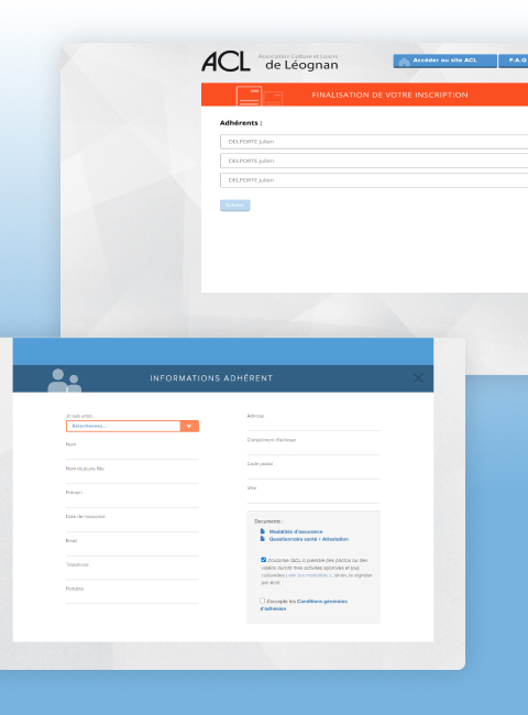 interface application web pour inscription adhérents gestion back-office remises relances factures