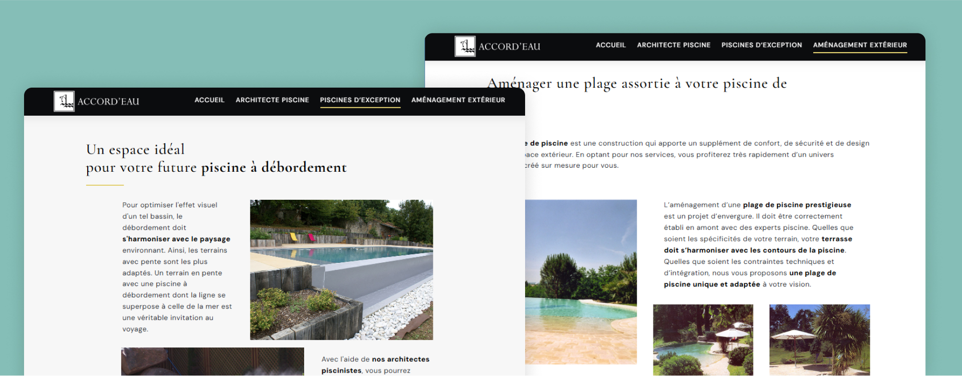 refonte site web accord'eau piscines luxe charte graphique optimisée SEO