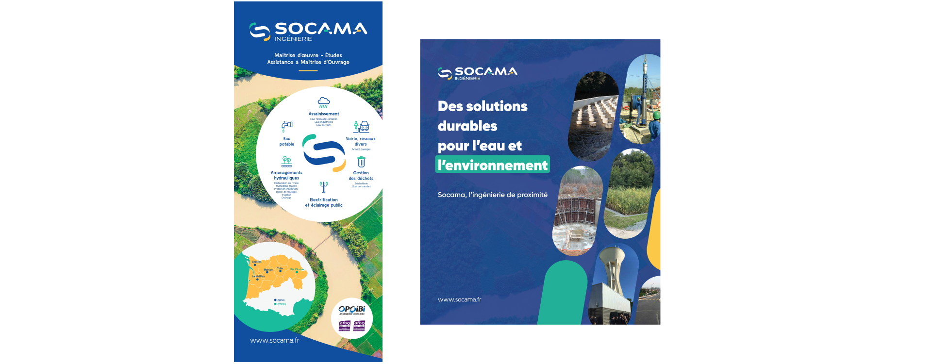 Visuel print Socama, design minimaliste et épuré mettant en avant les solutions d’ingénierie