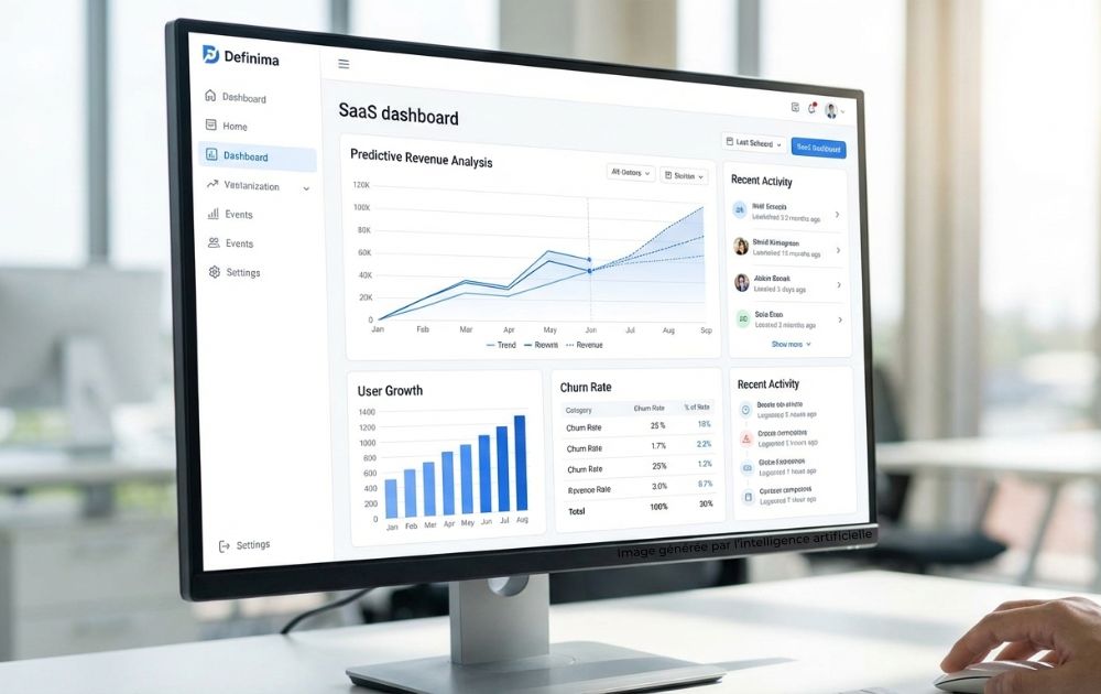 interface tableau de bord SaaS sur mesure graphiques d'analyse prédictive intelligence artificielle