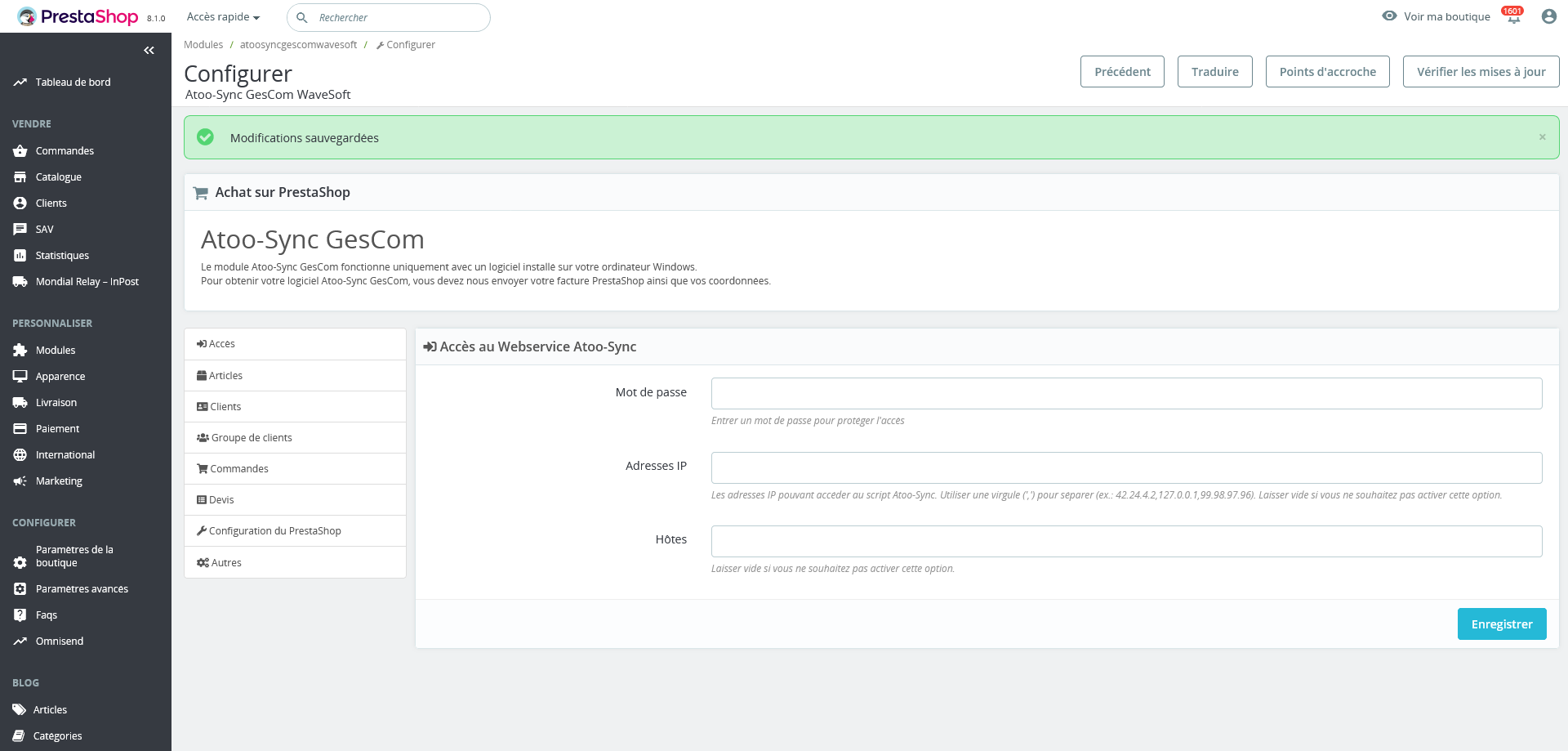 Configurer api atoo next wavesoft prestashop boutique