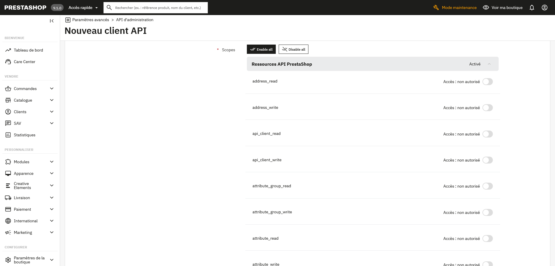 PrestaShop API admin 9 mise à jour client connexion