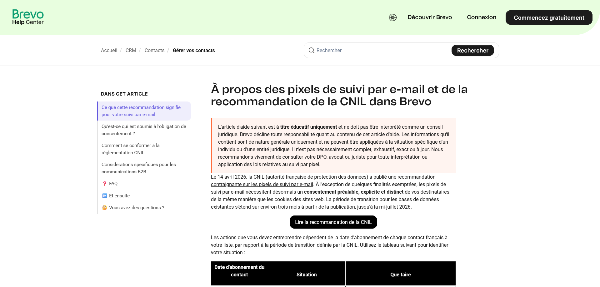Avis de l'outil Brevo sur l'utilisation des pixels invisibles pour les campagnes d'emailing