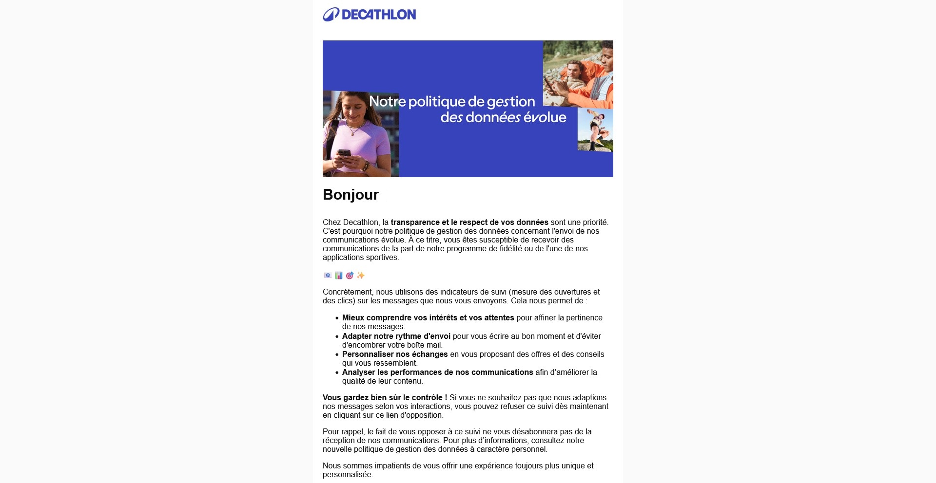 Newsletter Decathlon utilisant un pixel de tracking pour mesurer l'acquisition digitale