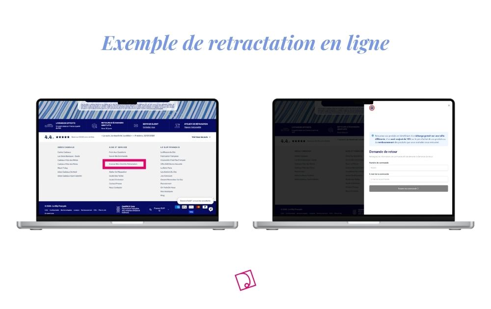 Capture écran site Slip Français exemple intégration lien obligatoire rétractation footer pied page