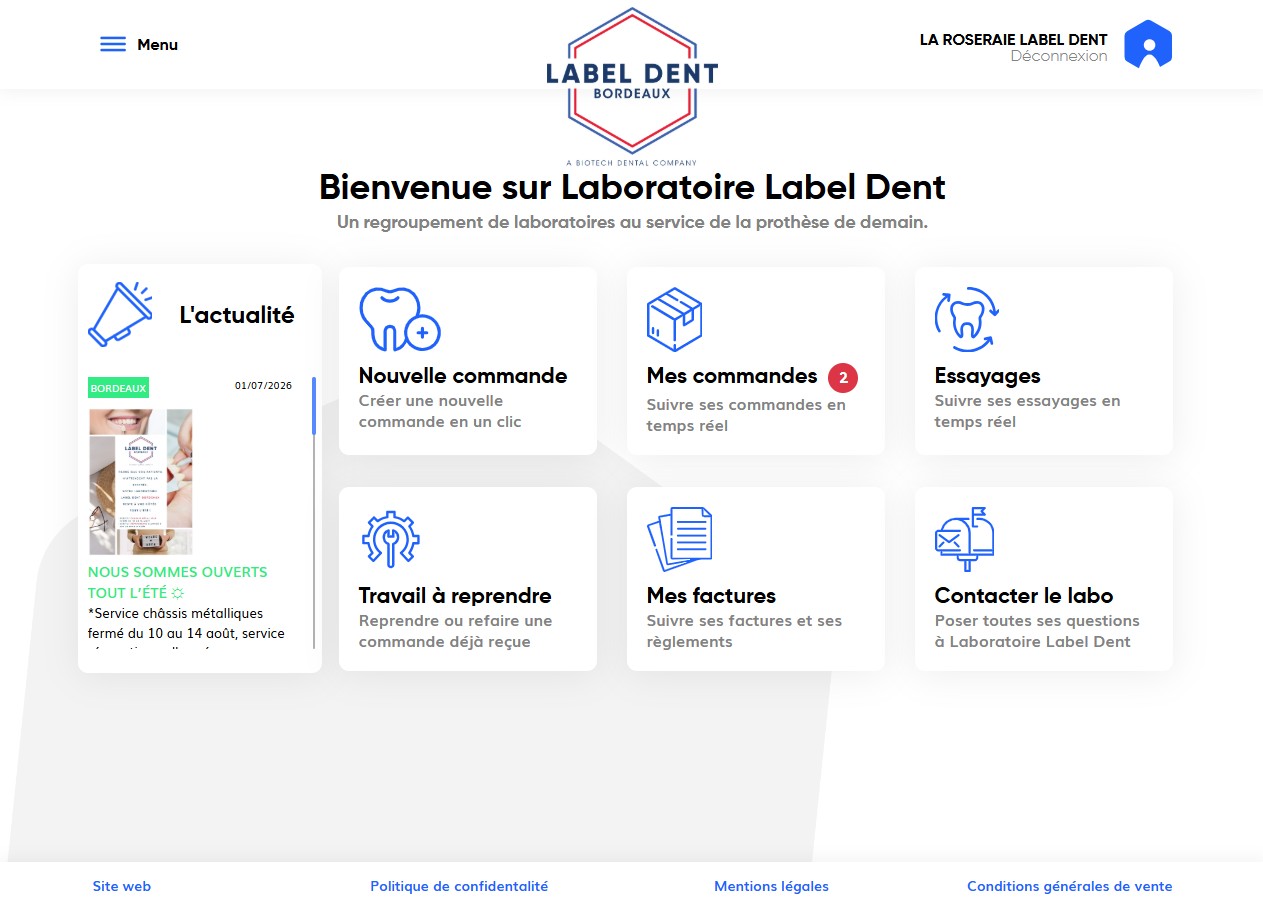 Interface web app métier Label Dent espace client suivi commandes factures et actualités pro