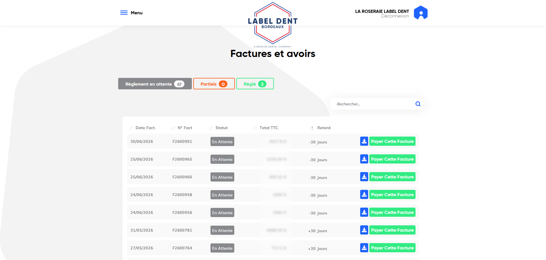 Application web Label Dent développée par Definima pour la gestion sur-mesure de plus de 20 000 factures encours clients