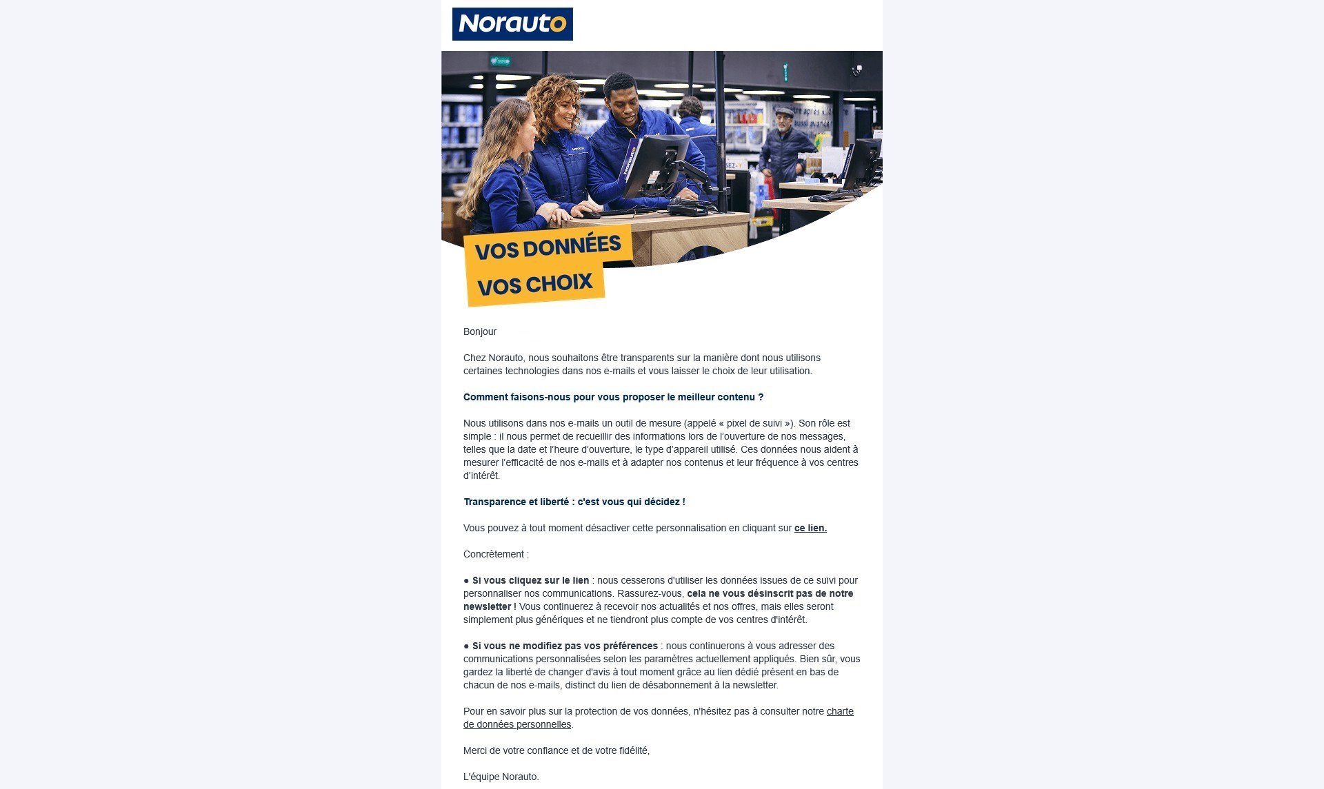 Exemple d'emailing Narauto avec pixel de suivi pour l'analyse des performances webmarketing