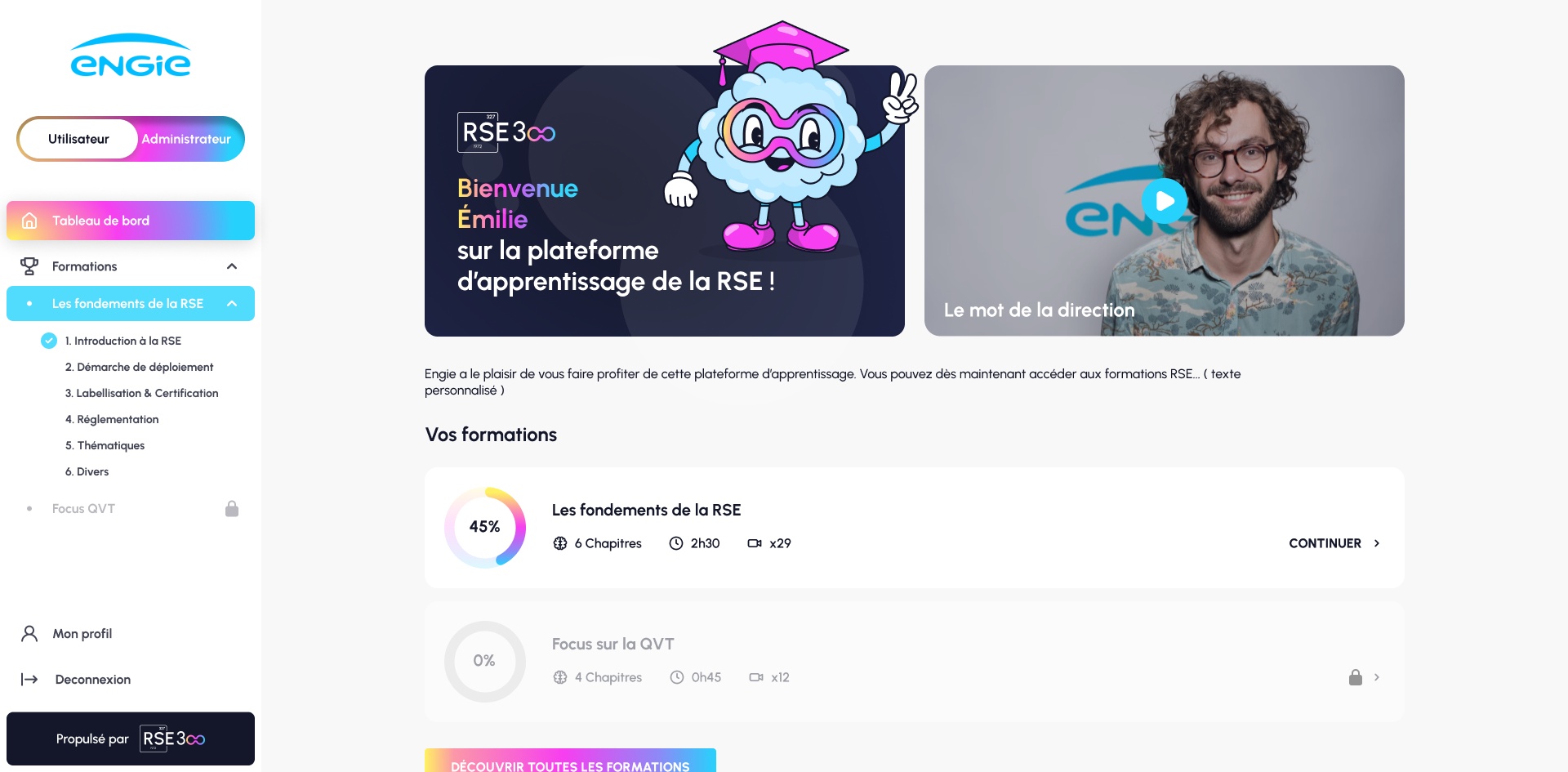 Plateforme e-learning web app RSE tableau de bord formation suivi progression utilisateur