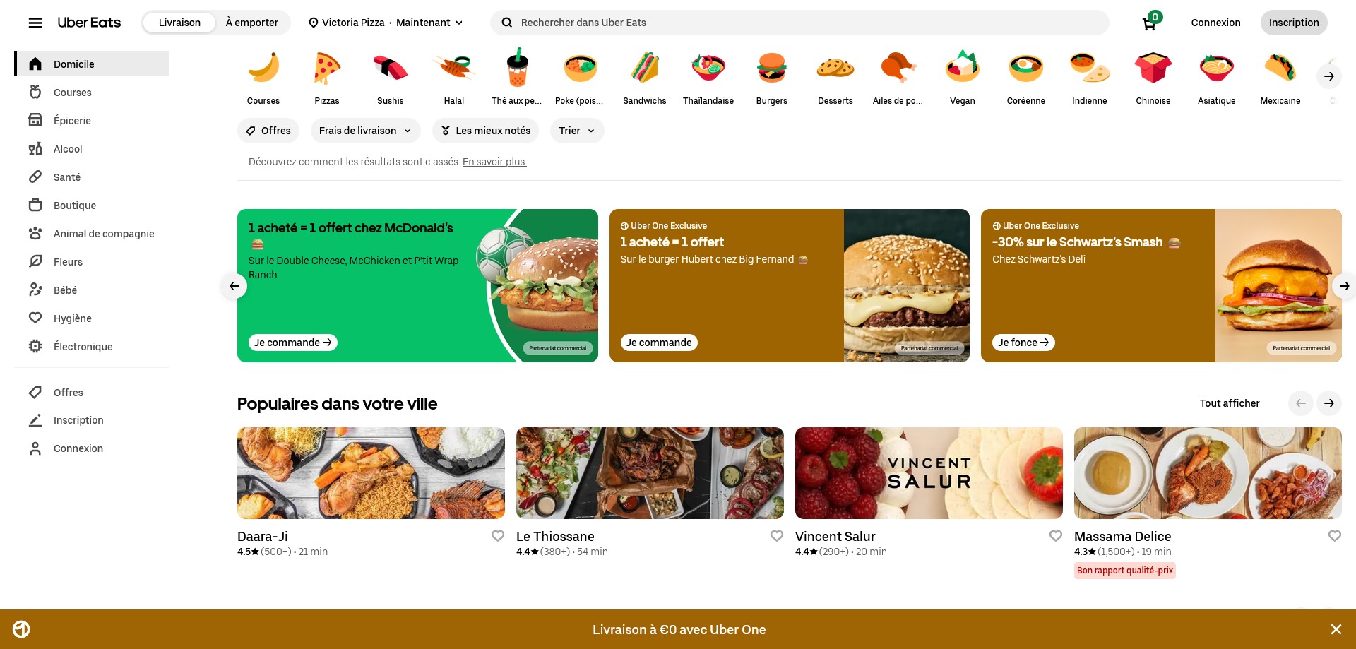 Interface web app Uber Eats sur ordinateur catalogue complet restaurants catégories de plats